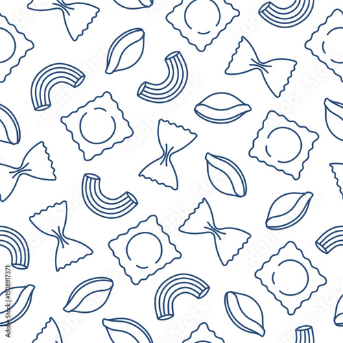 Seamless pattern with blue outline pasta on white background. Doodle drawing for banner, flyer, card, menu design. Vector illustration