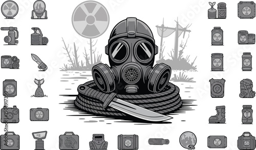 Monochrome Gas Mask and Radiation Icons in Post-Apocalyptic Industrial Style