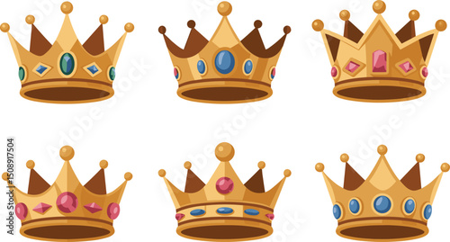 Collection of six luxury golden crowns with precious gemstones, high-resolution isolated illustrations on white background for graphic and design project