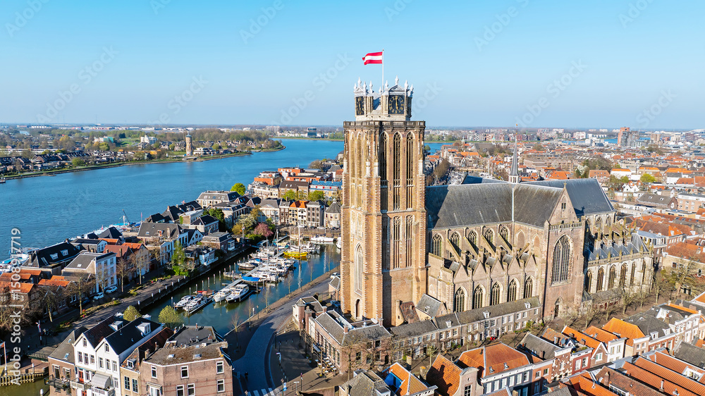 Aerial from the historical city Dordrecht with the Grote Kerk in the Netherlands