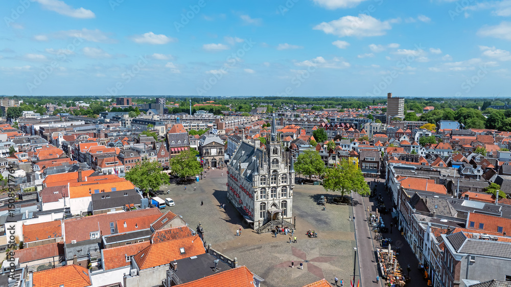 Aerial from the city Gouda with the city hall in the Netherlands