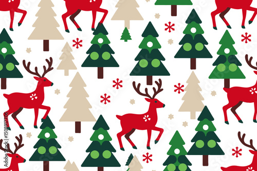 Christmas Pattern with Reindeer-Festive Trees-Snowflakes-Holiday Background for Scrapbooking-Wrapping Paper-DIY Projects-Seamless Winter Design
