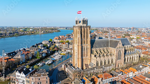 Obraz na płótnie Aerial from the historical city Dordrecht with the Grote Kerk in the Netherlands w salonie