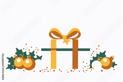 Christmas Gift Box Clipart-Festive Ornament Decoration with Gold Bow-Holiday Present with Greenery and Baubles-Perfect for Christmas Themes-172 Characters