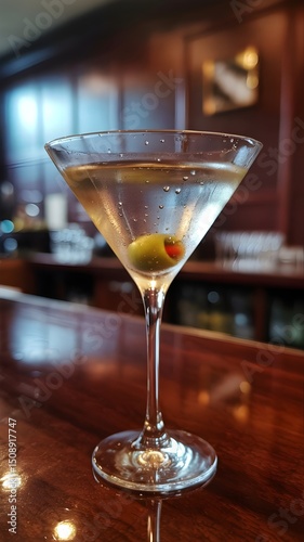 A sophisticated martini with an olive, showcasing elegance and classic cocktails. The olive adds a touch of savory flavor to the refreshing drink