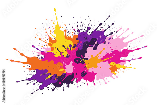Colorful Paint Splatter Explosion on White Background - Abstract Art Illustration - Bright Colors of Yellow, Pink, Purple, and Orange Paint Splashes