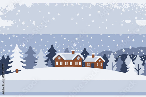 Cozy Winter Cabin Scene - Snow Covered Landscape with Warm House and Falling Snow - Festive Holiday Illustration for Christmas Card or Seasonal Decor- Charming