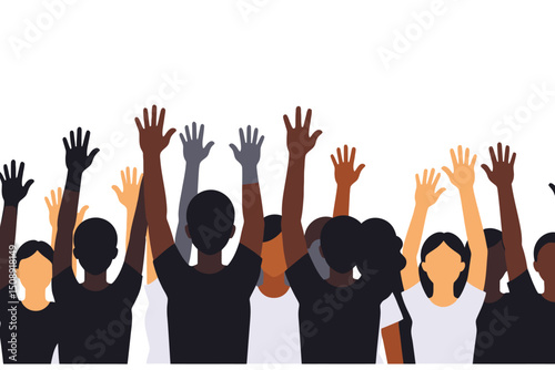Diverse group of people raising hands in unity-Celebrating diversity and inclusion-Representing teamwork and collaboration-Illustrating a crowd participating in an event_