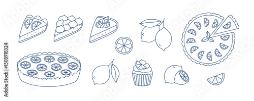 Set of outline lemon cakes and lemons. Doodle drawing for t-shirt print, invitation, card, menu design. Isolated vector illustration