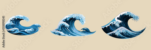 Stylized blue tsunami wave art graphic collection energetic water motion elements