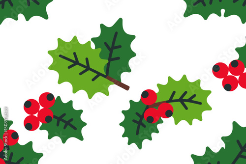 Festive Holly Berry Pattern-Christmas Themed Background-Holiday Season Design-Elegant Vector Illustration-Perfect for Winter Projects and Decorations