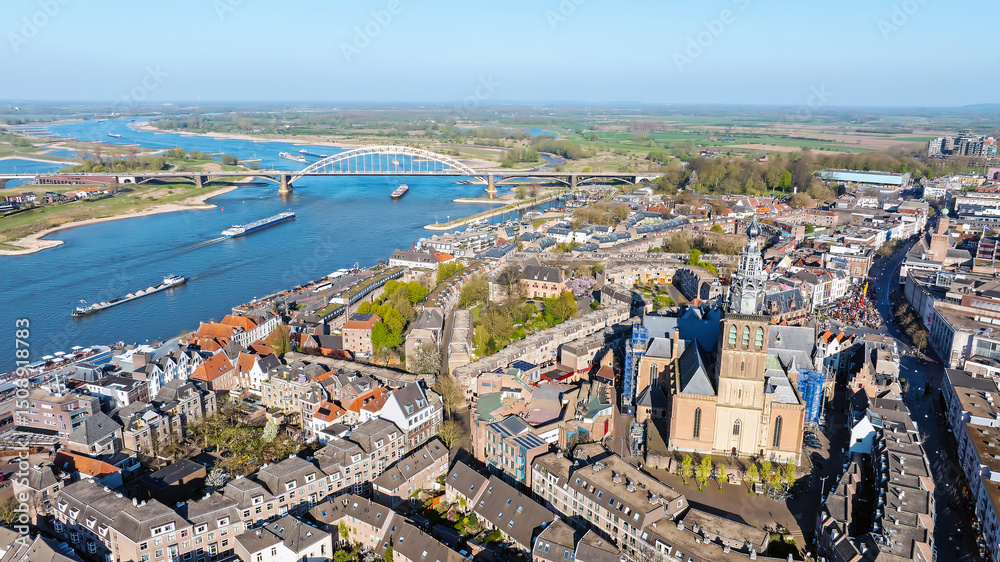 Aerial from the historical city Nijmegen at the rivcer Waal in the Netherlands