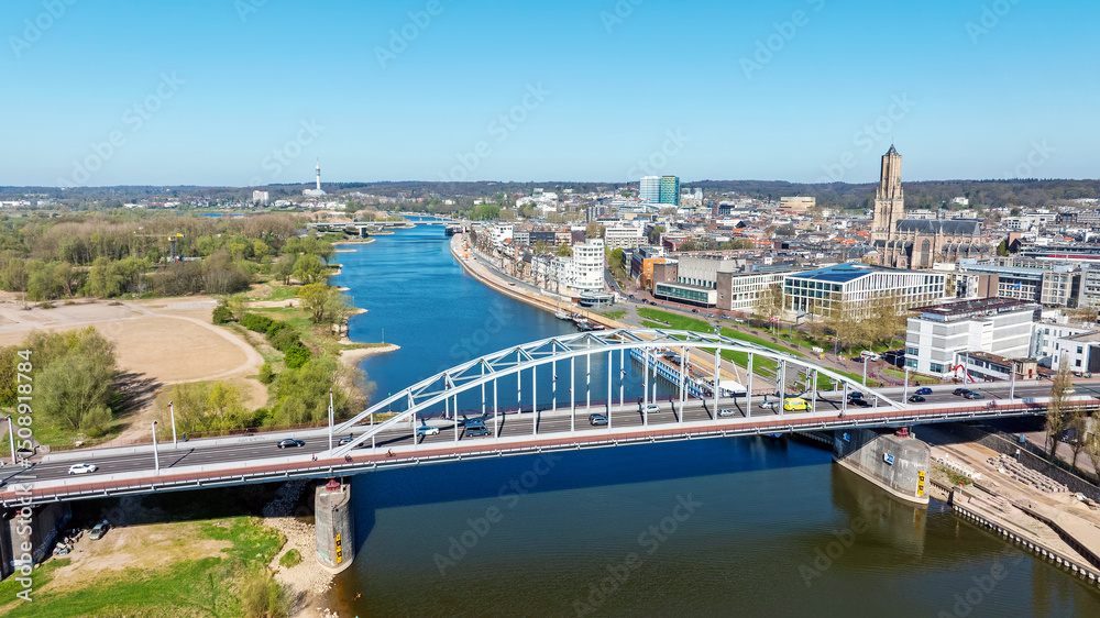 Aerial from the city Arnhem at the river Nederrijn in the Netherlands
