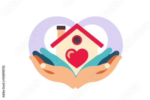 Home Care Illustration-Hands Holding House with Heart-Symbolizing Love-Support for Family-Real Estate-Shelter-Community Welfare-Assisted Living