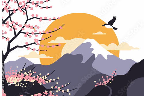 Serene Mountain Landscape at Sunset with Cherry Blossoms and Bird-A beautiful vector art illustration capturing the peacefulness of nature-Perfect for wallpapers and digital art