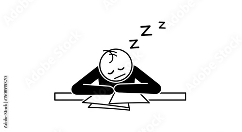 Stick Figure Sleeping on Desk with Zzz Symbols, Exhaustion Depicted.