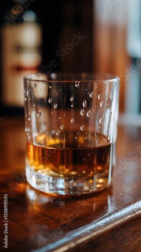 A glass of whiskey on a wooden bar, with droplets of condensation on the glass. The amber liquid glistens invitingly. The background blurred, emphasizing the drink's appeal