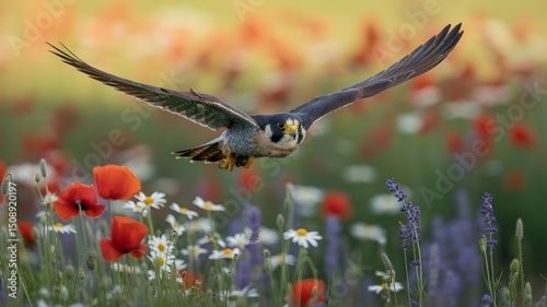 A falcon soaring gracefully over a field of flowers, with wings spread wide. The bird is the center of attention, surrounded by a colorful floral background. It exudes a sense of freedom and agility.