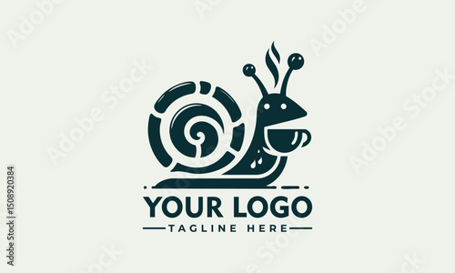 Whimsical snail carrying a coffee cup and coffee bean on its shell
