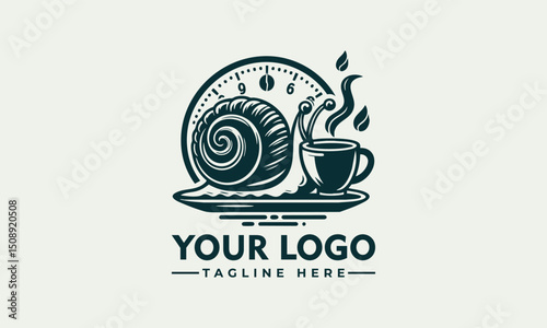 Whimsical snail carrying a coffee cup and coffee bean on its shell
