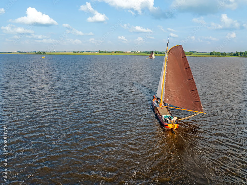 Aerial from traditional skutsjessilen on the Heegermeer in the Netherlands