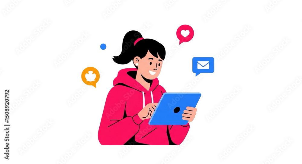 Woman Uses Tablet with Social Media Icons on Transparent Background Illustration Woman Uses Tablet with Social Media Icons on Transparent Background Illustration