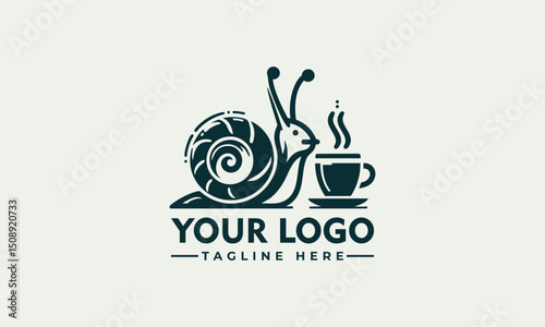 Whimsical snail carrying a coffee cup and coffee bean on its shell
