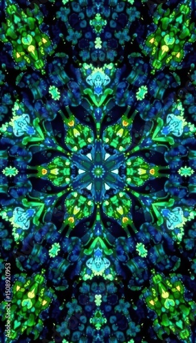 Kaleidoscopic blue and green mosaic, perfectly symmetrical, faceted, repeat, optical
