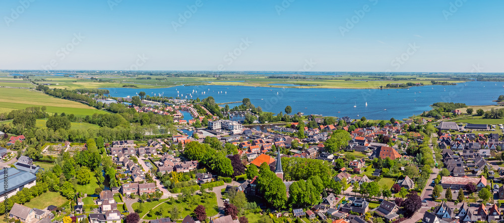 Aerial panorama from the historical town Langweer in Friesland the Netherlands