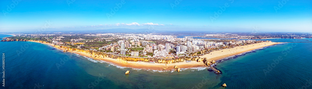 Aerial panorama from Praia da Rocha and the city Portimao in the Algarve Portugal