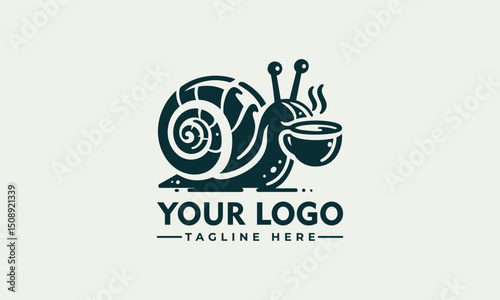 Whimsical snail carrying a coffee cup and coffee bean on its shell
