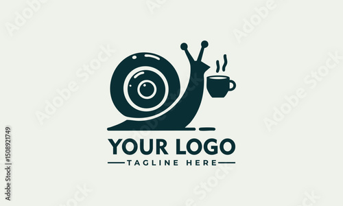 Whimsical snail carrying a coffee cup and coffee bean on its shell
