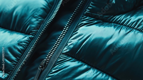 Close-up of a shiny teal puffer jacket with a black zipper in focus.