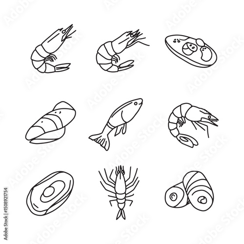 Delicious Seafood Illustrations Shrimp, Fish, and Shellfish Line Art Collection