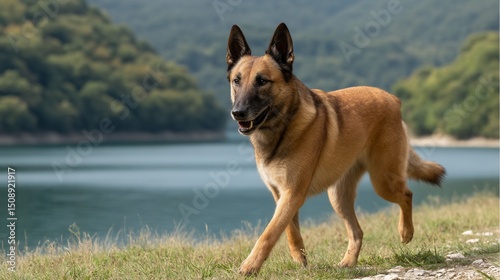 Alert Belgian Malinois struts lakeside path