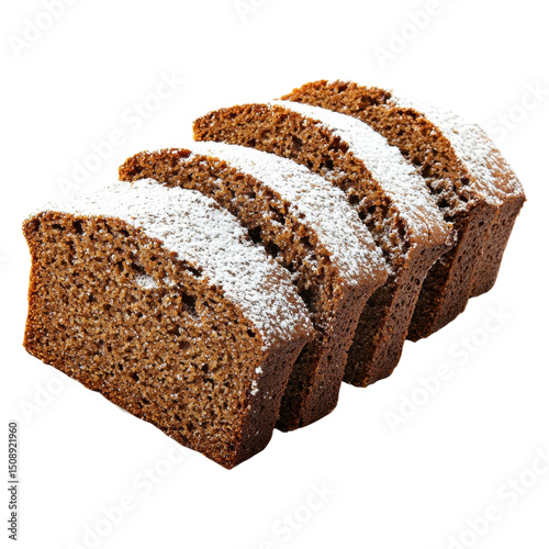 Four slices of dark, powdered sugar-topped loaf cake arranged in a row.