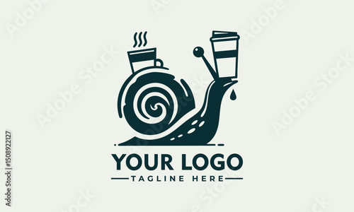 Whimsical snail carrying a coffee cup and coffee bean on its shell
