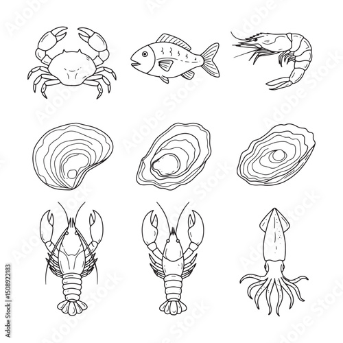Collection of Line Art Seafood Drawings Crab, Fish, Shrimp, Oyster, Lobster, Squid Illustrations