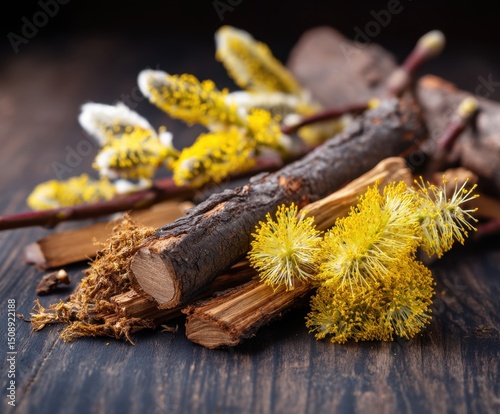 Bark and twigs with fluffy yellow inflorescences of willow on a wooden background