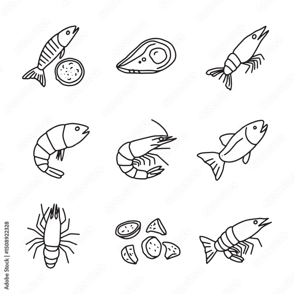 Obraz premium Seafood Icons Shrimp, Fish, and Steak Line Art Illustrations