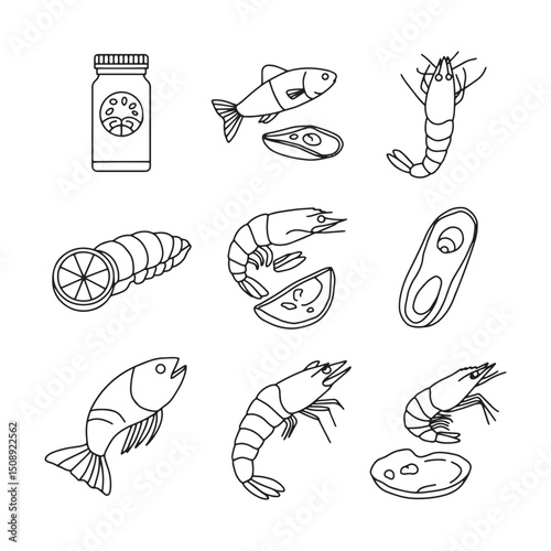 Seafood Line Art Illustrations Fish, Shrimp, and Omega-3 Supplements