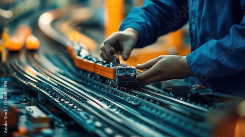 Close-up of hands assembling a model train on a detailed track.