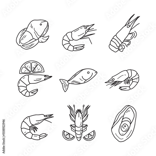 Shrimp, Fish, and Oyster Line Art Illustrations Seafood Collection for Culinary Designs