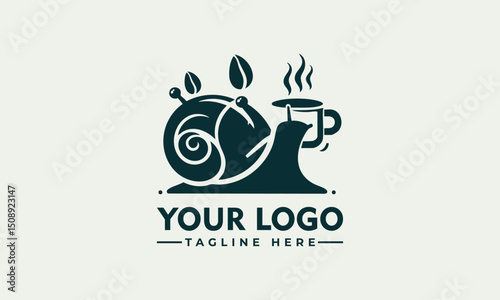 Whimsical snail carrying a coffee cup and coffee bean on its shell
