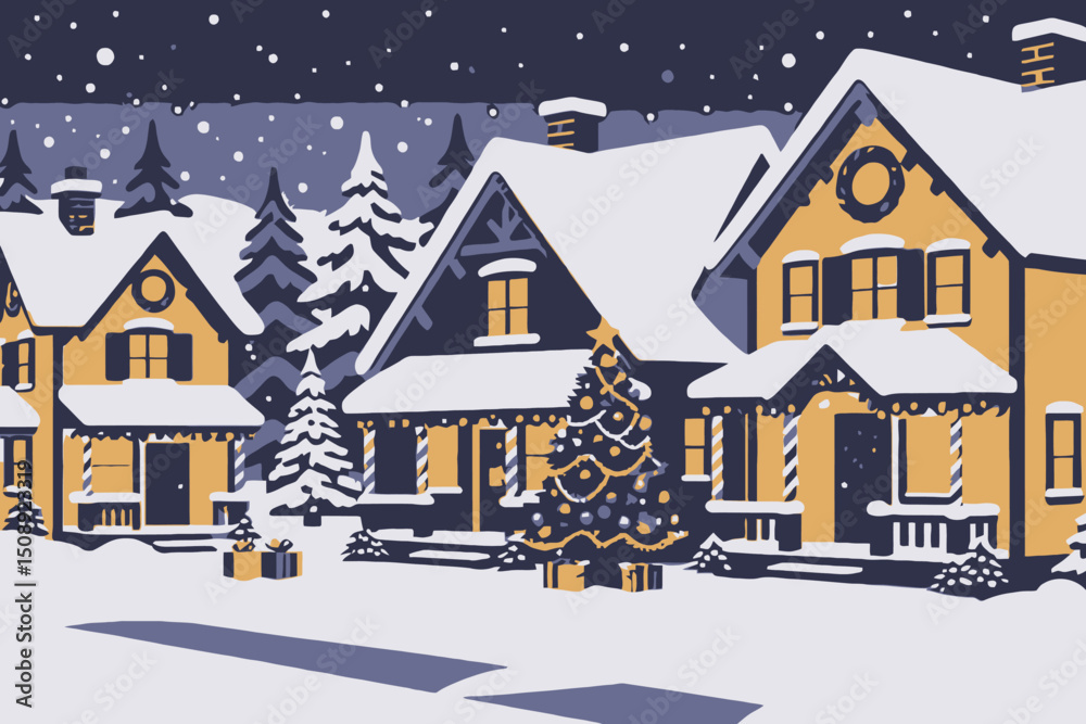 Naklejka premium Winter Wonderland Scene - Festive Christmas Village with Snow Covered Houses and Decorated Christmas Trees - Holiday Season Illustration