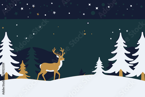 Winter Wonderland Scene with Deer-Snowy Landscape with White and Green Trees-Starry Night Sky and Peaceful Deer-Festive and Calm Christmas Decoration