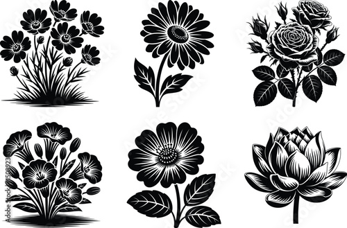 Botanical SVG, Rose Flower Silhouette and White Background. Wildflower Silhouette.