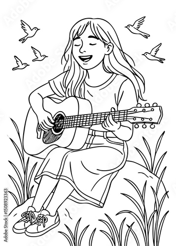 Women play Guitar Serenade Sketch Art
