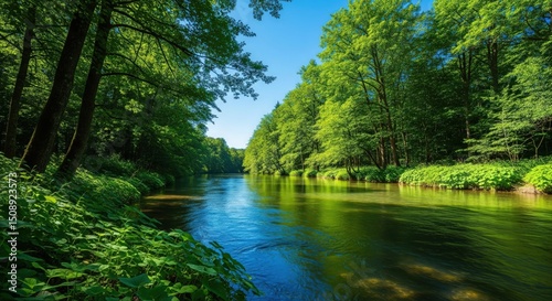 Clean river in green forest under blue sky | nature landscape | world environment day | environment day poster | world environment day drawing 4k hd high quality nature wallpaper background