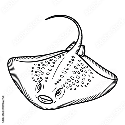 Giant Freshwater Stingray Coloring Page, Silhouette, Vector, Illustration, Outline, Logo, White Background.